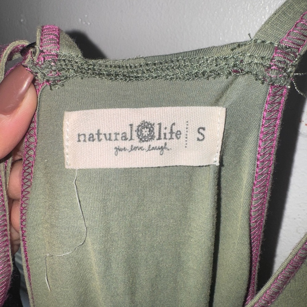 Natural Life Olive Green Top with Pink Stitching